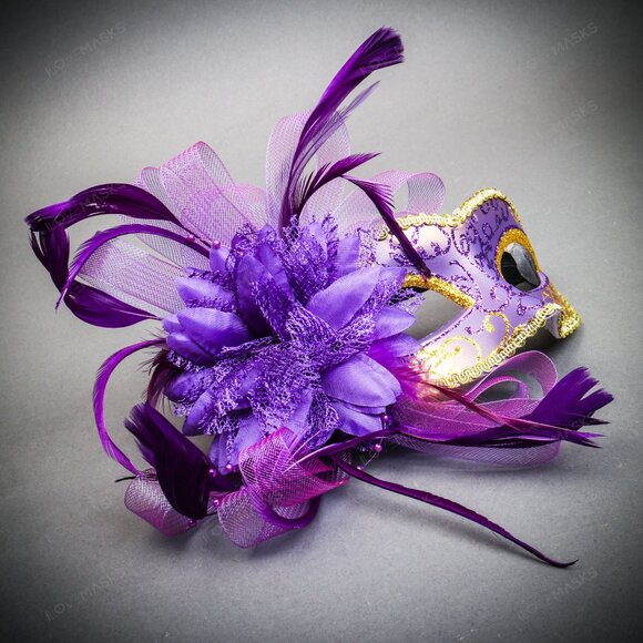 Venetian Purple Side Mesh Flower Gold Glitter Women Eyes Masquerade Face Mask - Picture 3 of 4